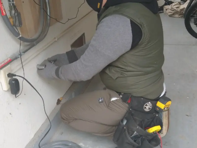 Electrician performing outlet wiring in a Bethlehem garage